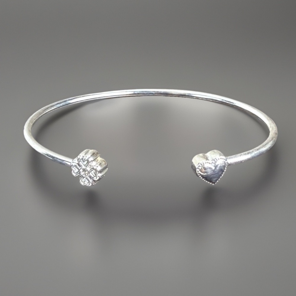 Silvertone Open Heart and Floral Minimalist Cuff Bracelet